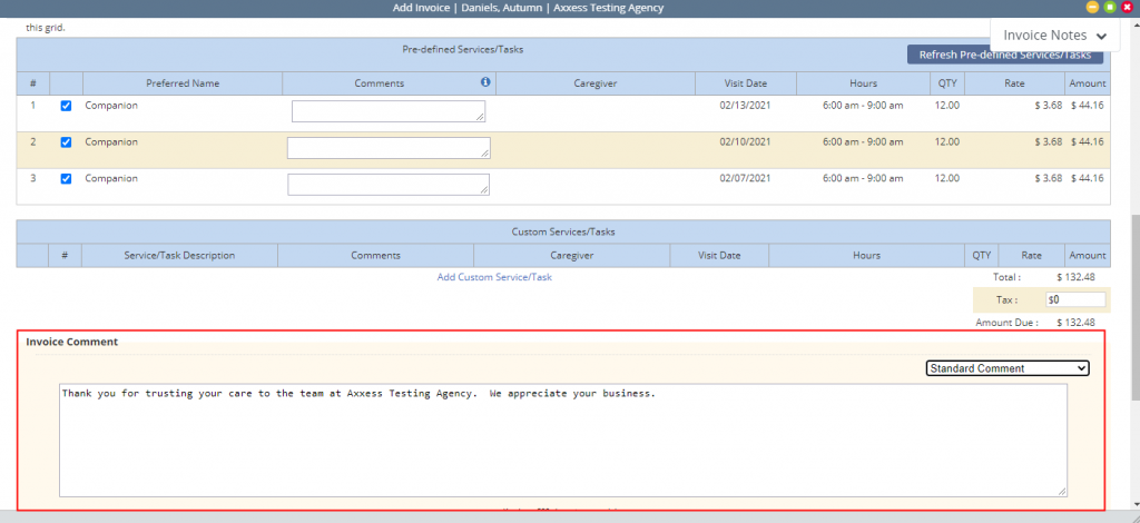 Invoice Comments in Axxess Home Care