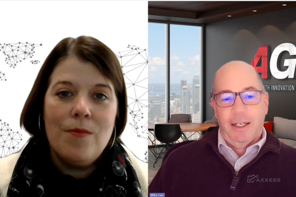 Split screen video conference showing Christina Andrews on the left, with a background of a networked world map, and Mike Carr on the right, in an office with a city view and the AGILE visible.