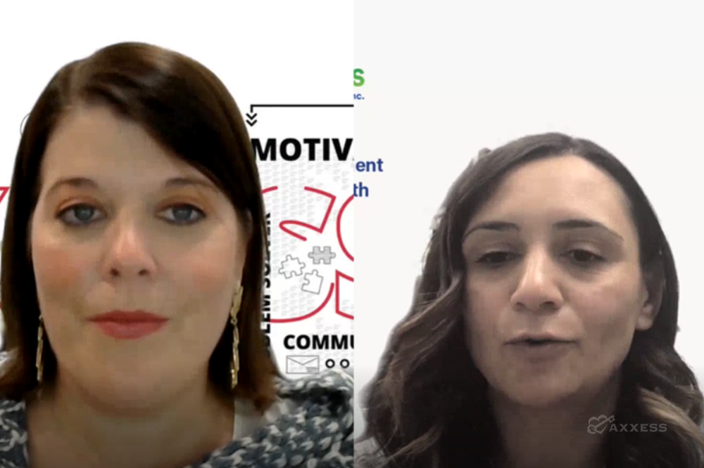 A split screen showing two women in a video call. On the left, a woman with shoulder-length brown hair is shown from the chest up. On the right, a woman with long brown wavy hair is shown from the chest up. Both women are looking directly at the camera. Behind the women, partially visible are graphics. The Axxess logo appears in the bottom right corner.